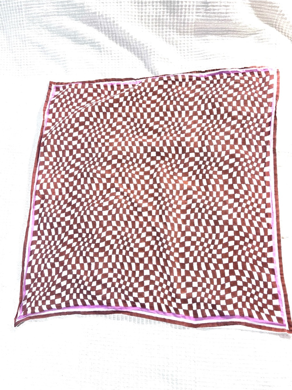 Block Shop Textiles Checkerboard Silk Bandana Scarf Coffee Brown Pink Border